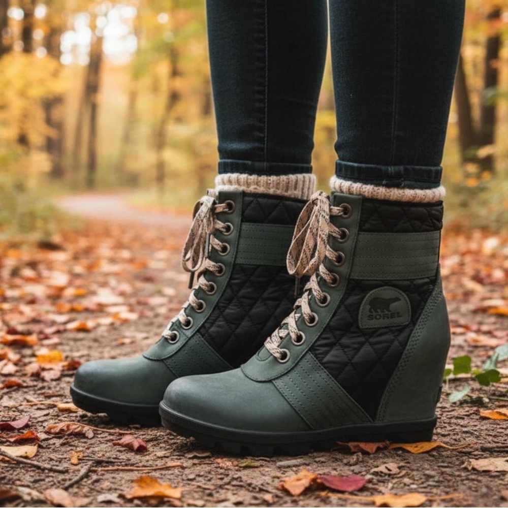 Sorel Lexie Women’s Leather Boots Olive Slate Size 8.5 Waterproof Lace Up